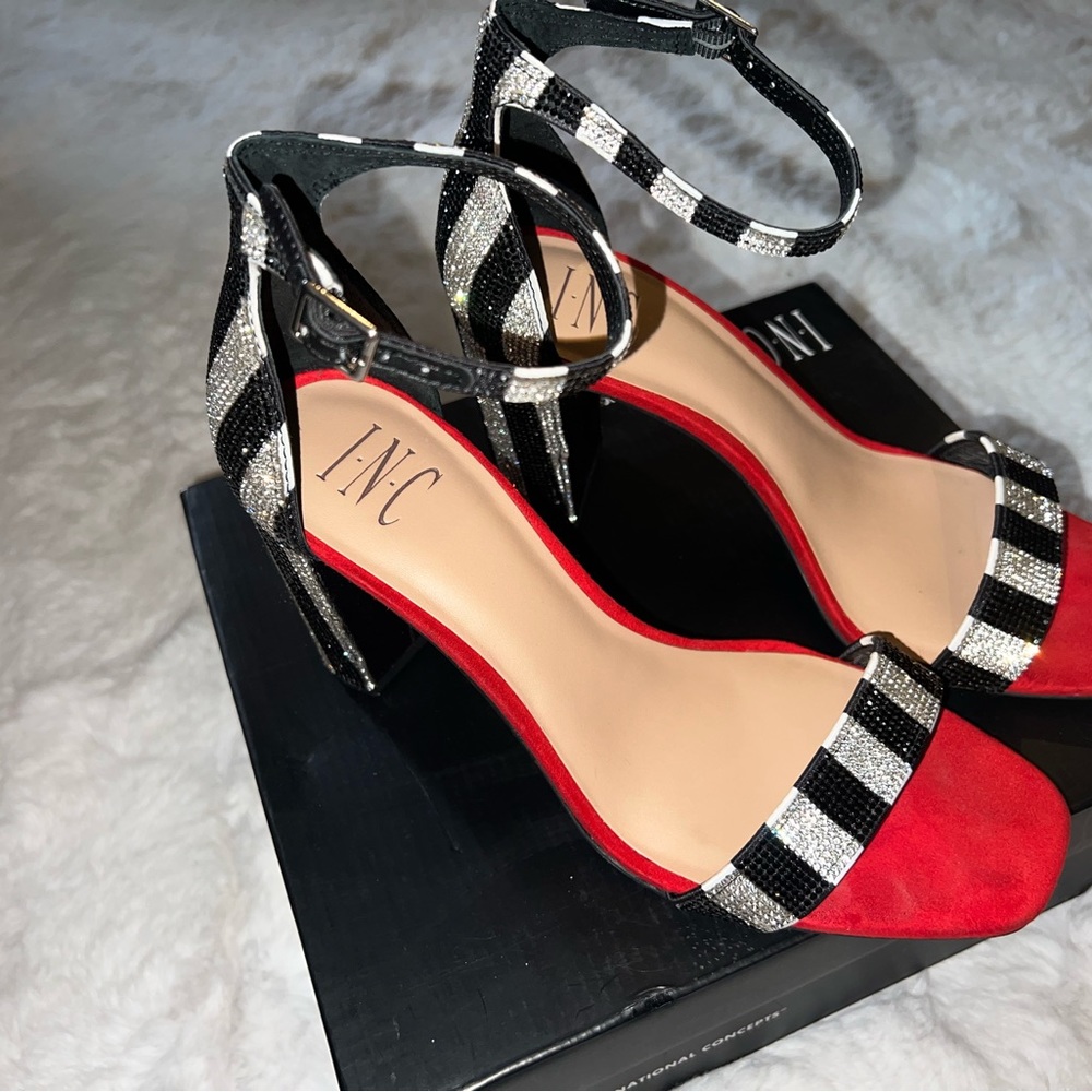 INC International Concepts Red and Black Strappy Heeled Sandals - Picture 3 of 6